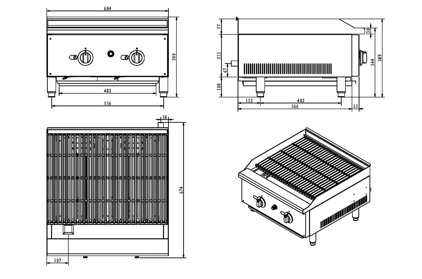 600mm 2 Burner Gas Countertop Chargrill