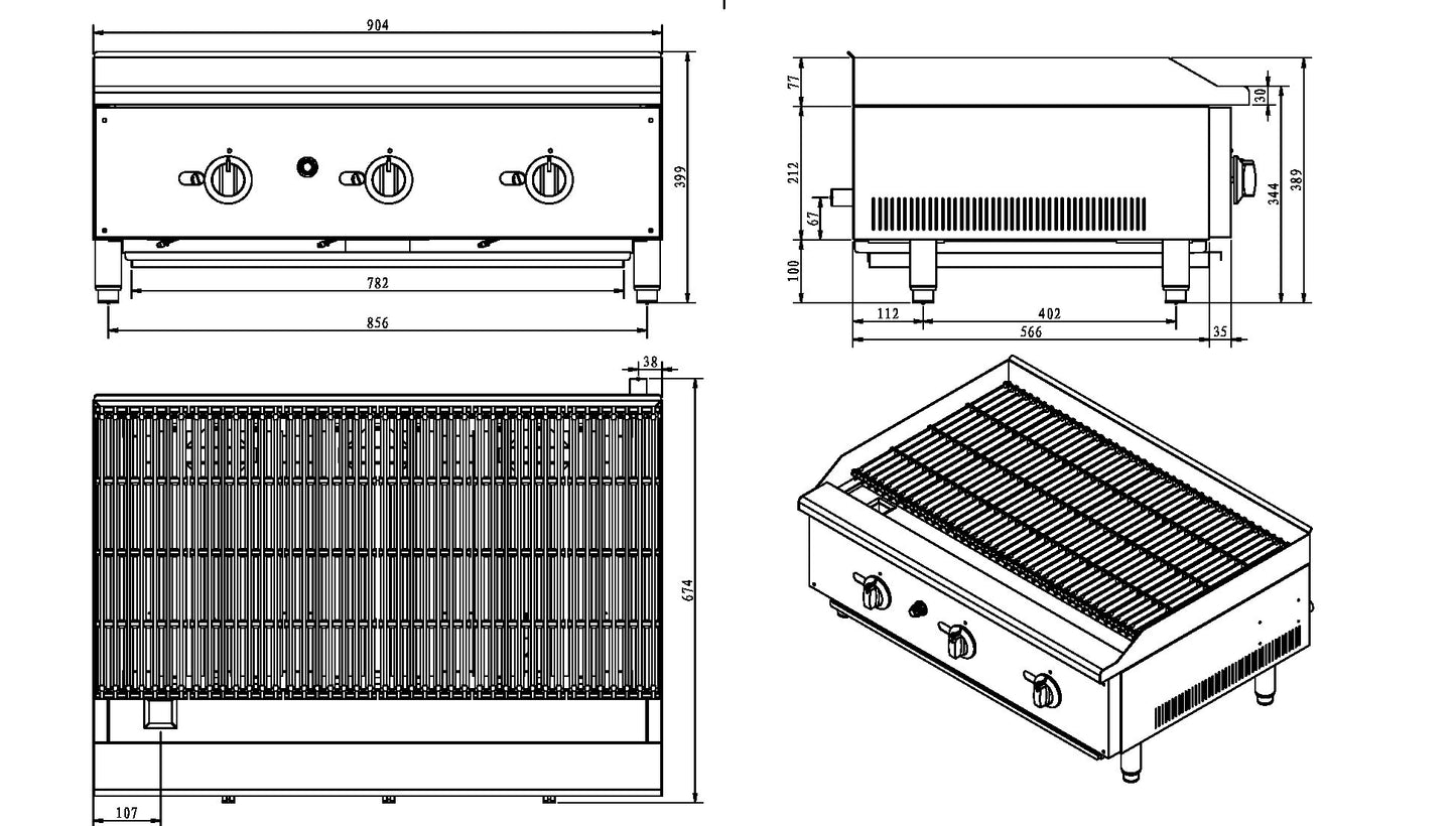 900mm 3 Burner Gas Countertop Chargrill