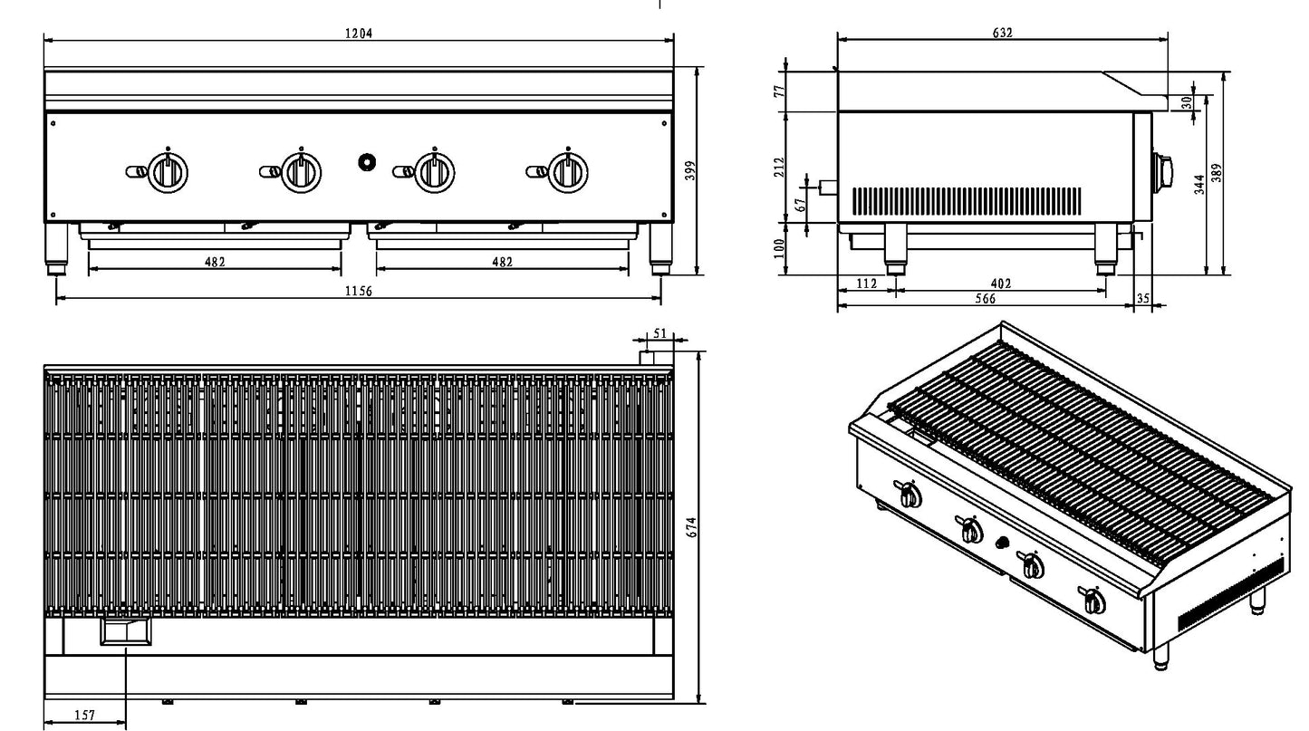 1200mm 4 Burner Gas Countertop Chargrill